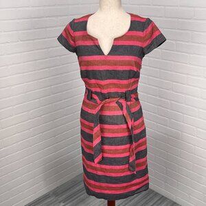 Boden Dress Women 4R‎ Black Pink Stripe Sheath Cotton Linen Classic Career VTG